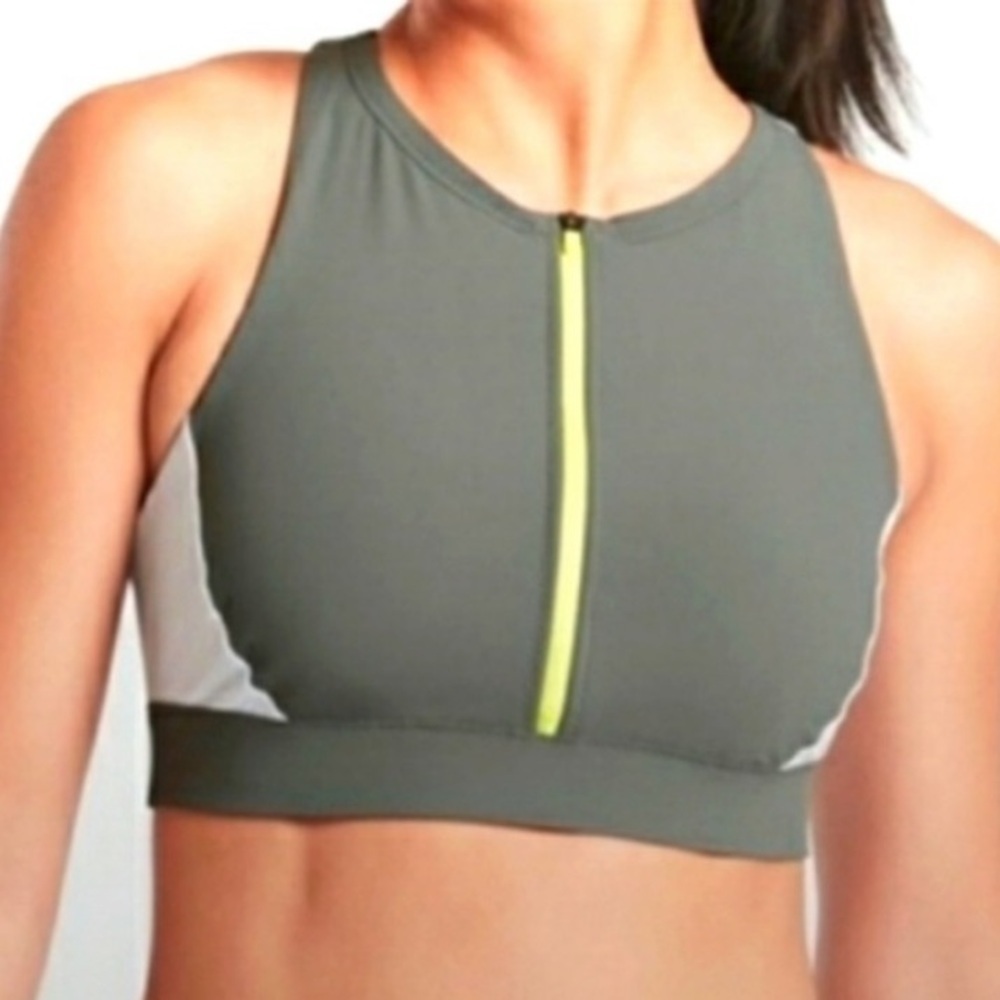 Athleta Gray and White Zip-Front Sports Bra
